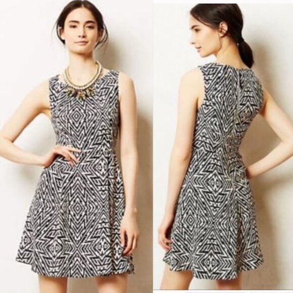 Sz 14- Anthro Maeve Abstract Geometric Black White Fit & Flare‎ Sleeveless Dress - Picture 1 of 16